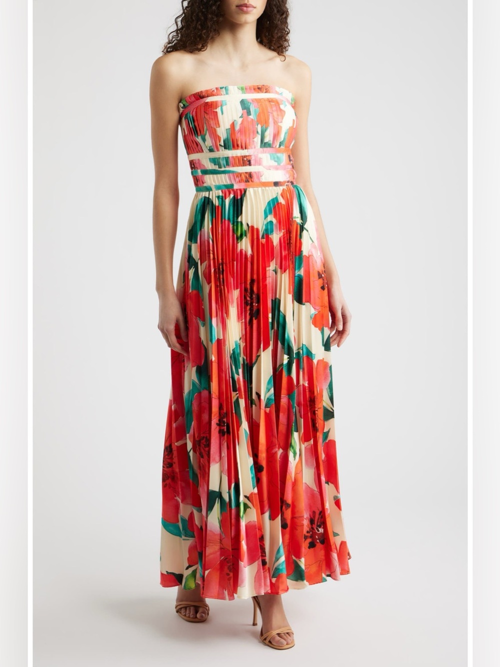 Hutch Sabina Floral Tiered Plissé Gown Color Ivory Coral Watercolor Size 4
